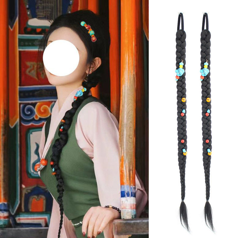 藏族头饰 原创手作藏风彩色辫子马尾辫脏辫 高瓷蓝松石民族风假发