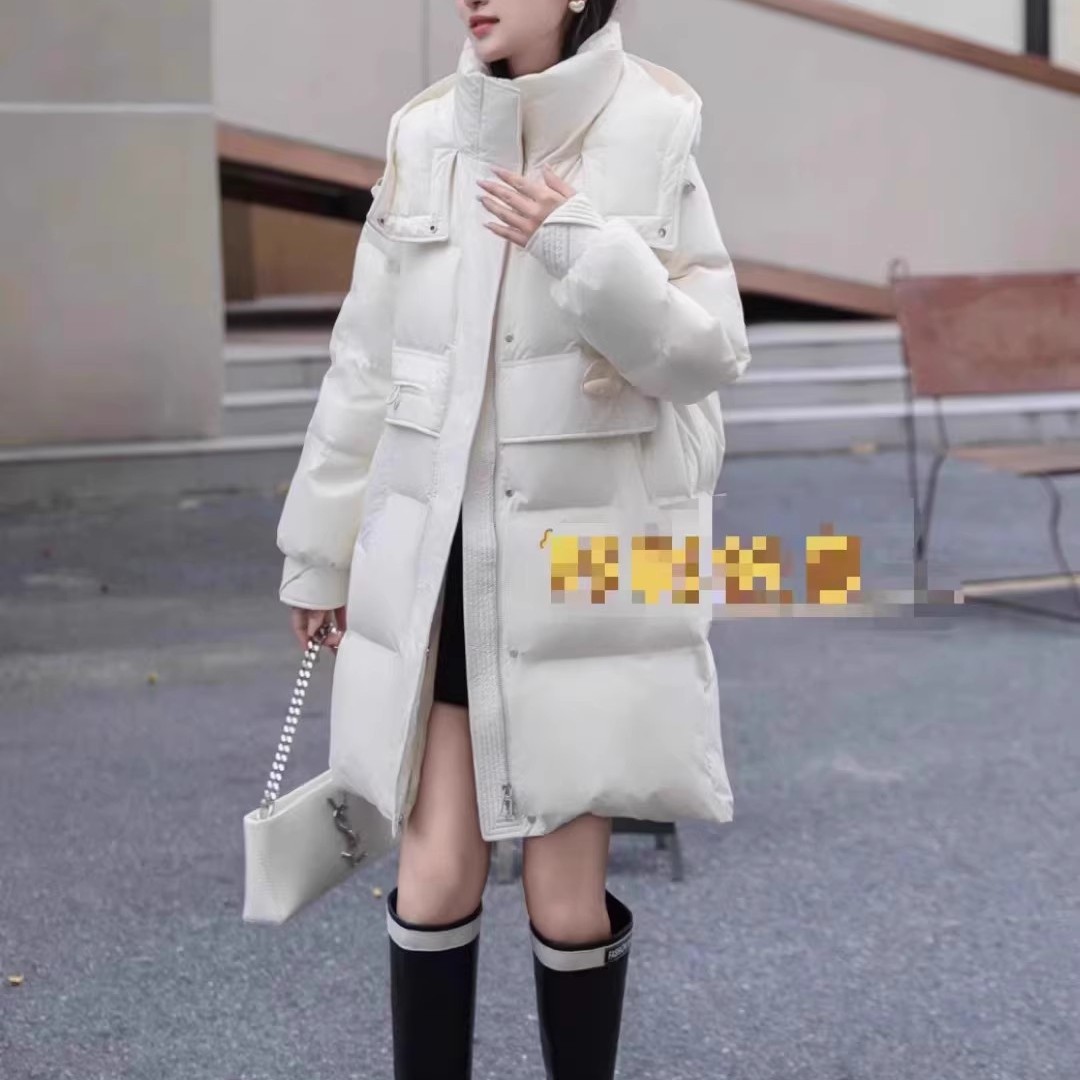 妙彩依恋立领连帽长款羽绒服女宽松2025冬季新款韩版90白鸭绒宽松
