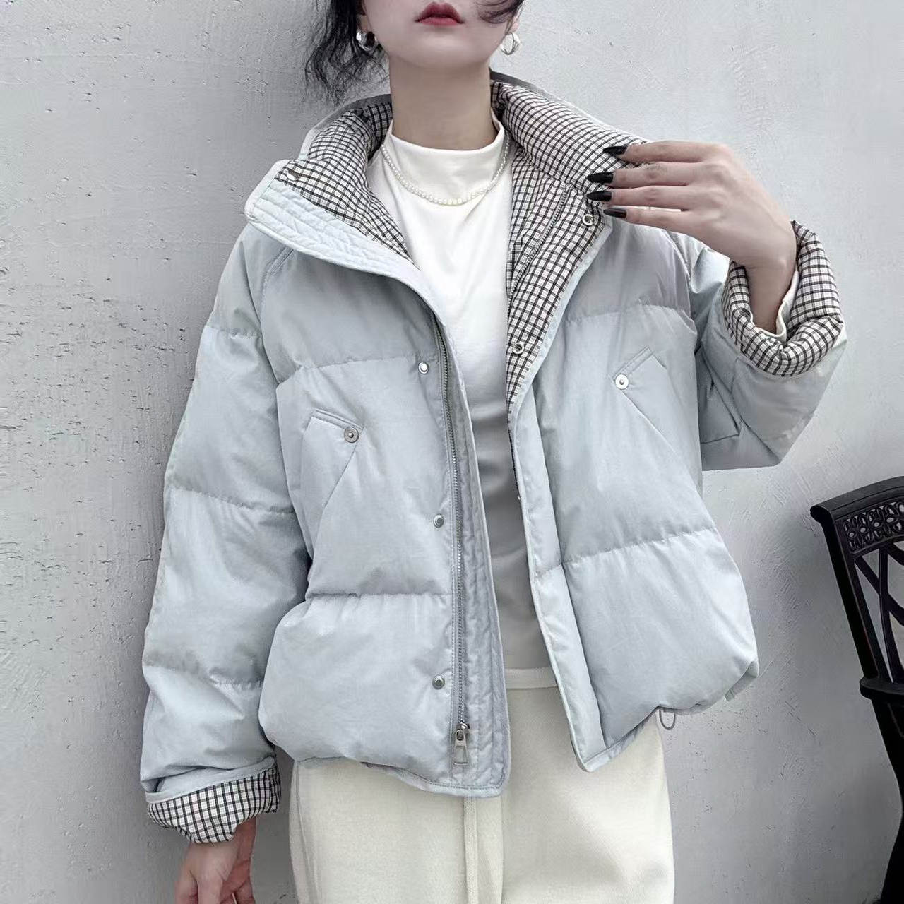 商场正品小个子立领格子洋气白鸭绒羽绒服2025冬季简约宽松外套
