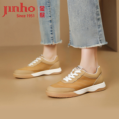 金猴女鞋2025秋季新款时尚潮流厚底轻便复古运动休闲牛皮德训鞋女
