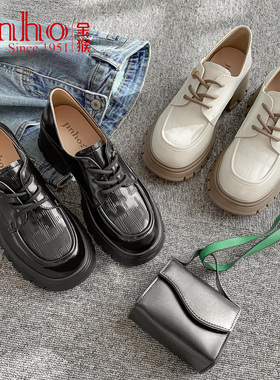 皮鞋女士真皮春秋季女单鞋金猴女鞋黑白色厚底粗高跟系带鞋子女款