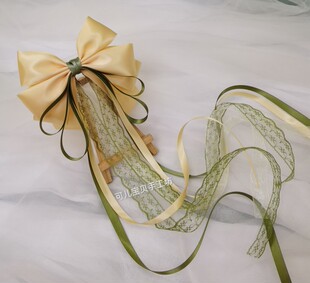 汉服飘带头饰若草色洛丽塔蝴蝶结后压黄绿色汉元素小清新发饰夹子