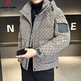 皮尔卡丹羽绒服男连帽字母暗花高级感休闲冬季加厚高端防寒服外套