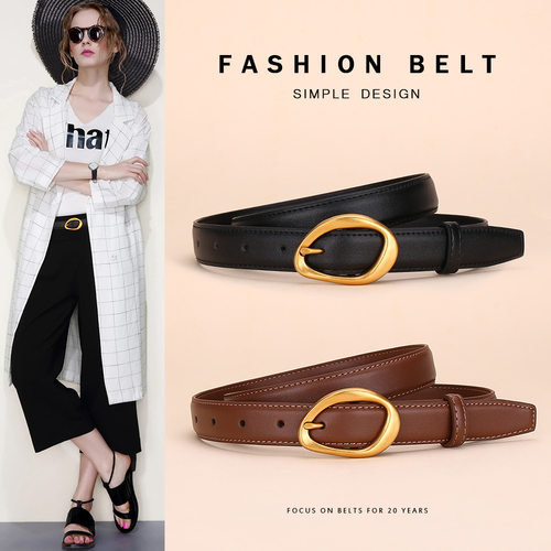 Skinny Women Belt Faux Leather with Vintage Gold Oval Buckle