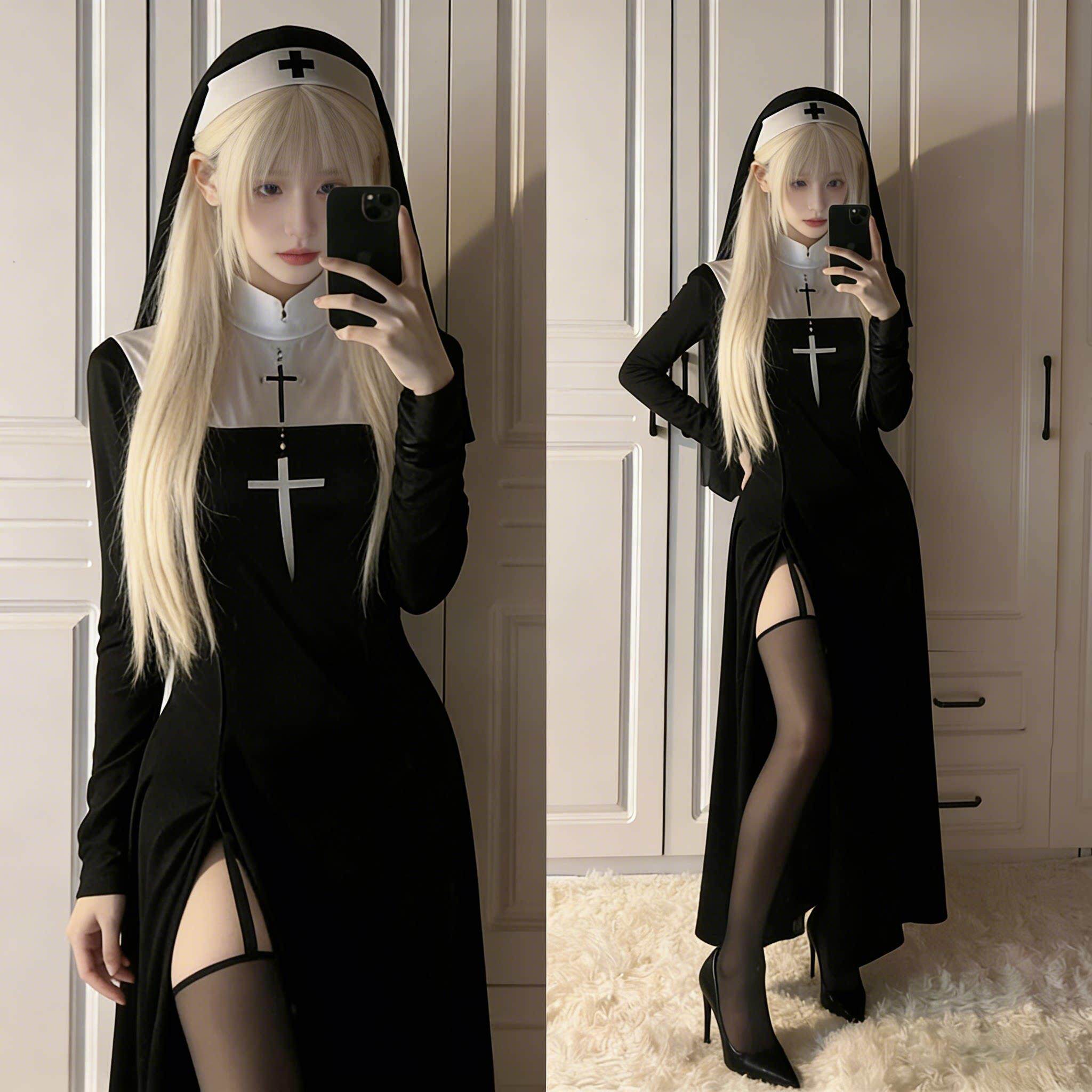 哥特修女服cos服装开叉包臀连衣裙性感修身女主播服饰万圣节穿搭