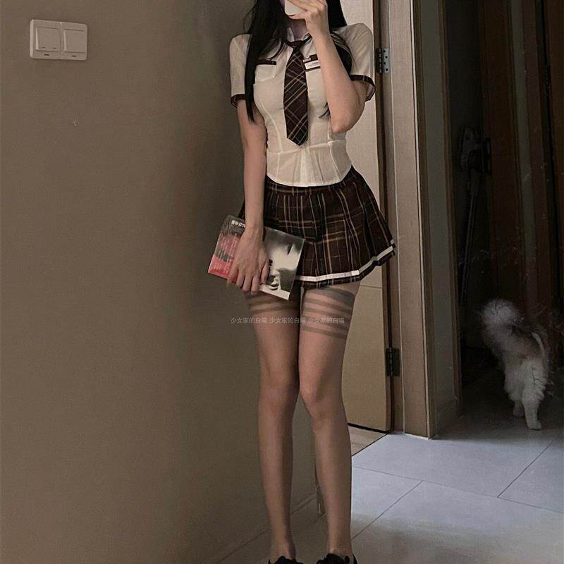英伦日系短袖领带衬衫格子裙高腰超短裙纯欲套装JK学生团体制服女