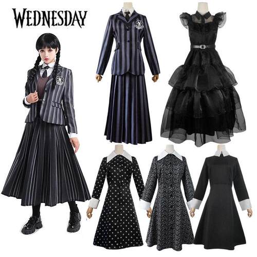 星期三亚当斯一家Cos服装 美剧WEDNESDAY同款黑色长袖连衣裙 儿童