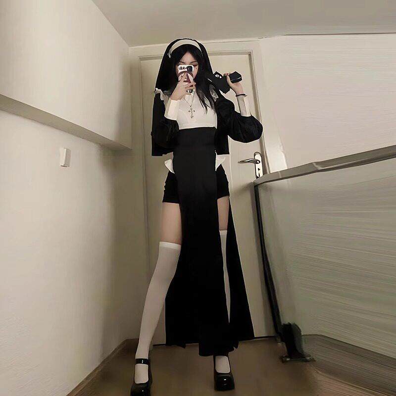 万圣节纯欲风性感修女服cos黑色气质连衣裙女仆辣妹漫展御姐长裙