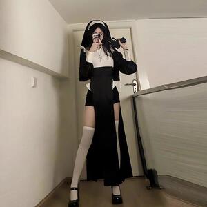 万圣节纯欲风性感修女服cos黑色气质连衣裙女仆辣妹漫展御姐长裙