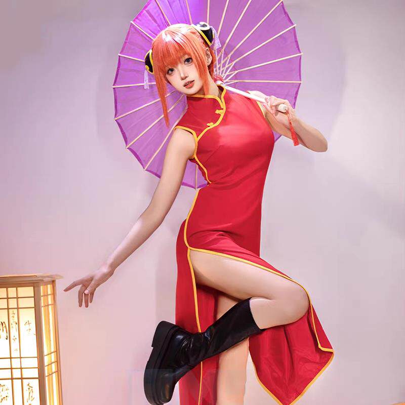银魂cos服神乐cosplay服饰角色扮演同款时装红色旗袍套装修身
