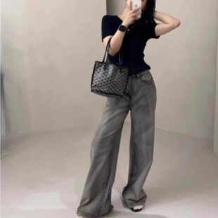 cc家2024年早秋新款时尚复古直筒宽松显瘦牛仔裤女