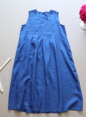 春夏新款 显白蓝色舒适清凉全亚麻圆领无袖背心宽松连衣裙