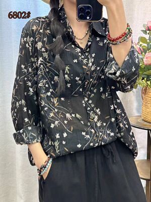 夏季薄料碎花长袖衬衫女2026新款宽松大码防晒衬衣宽松百搭小个子