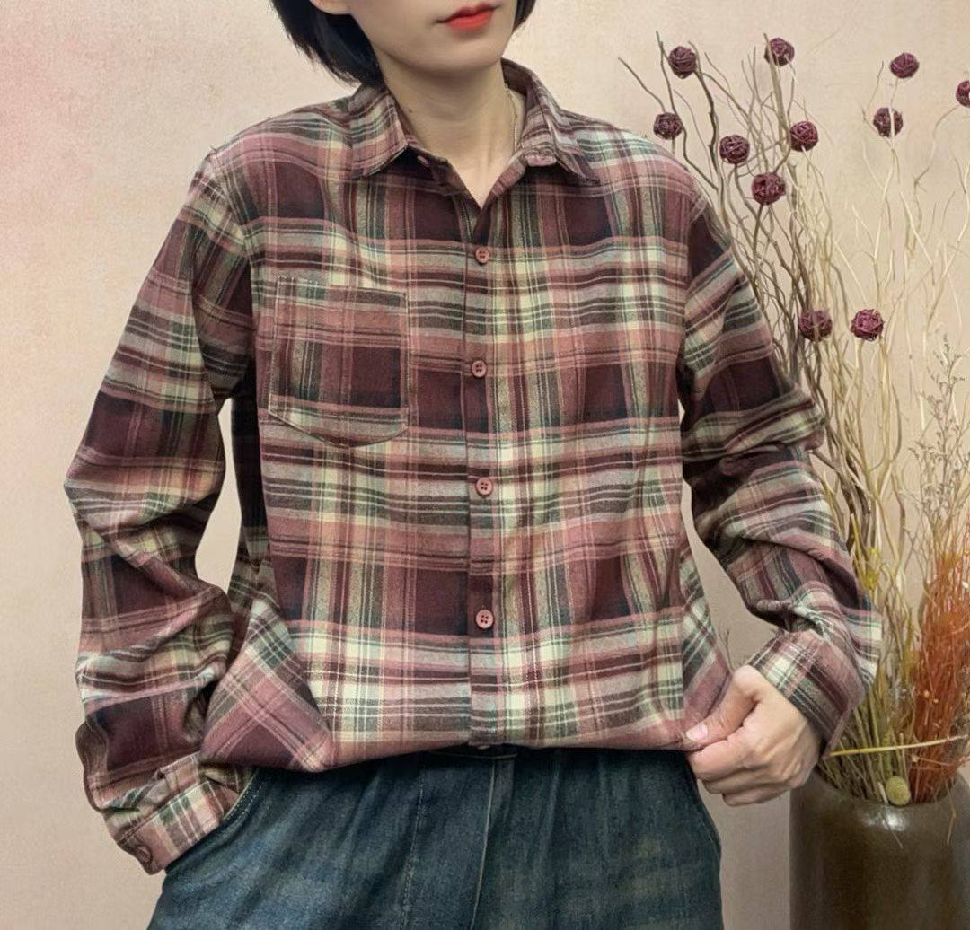磨毛厚料格子衬衫女2025秋冬新款复古加厚衬衣叠穿内搭小个子上衣