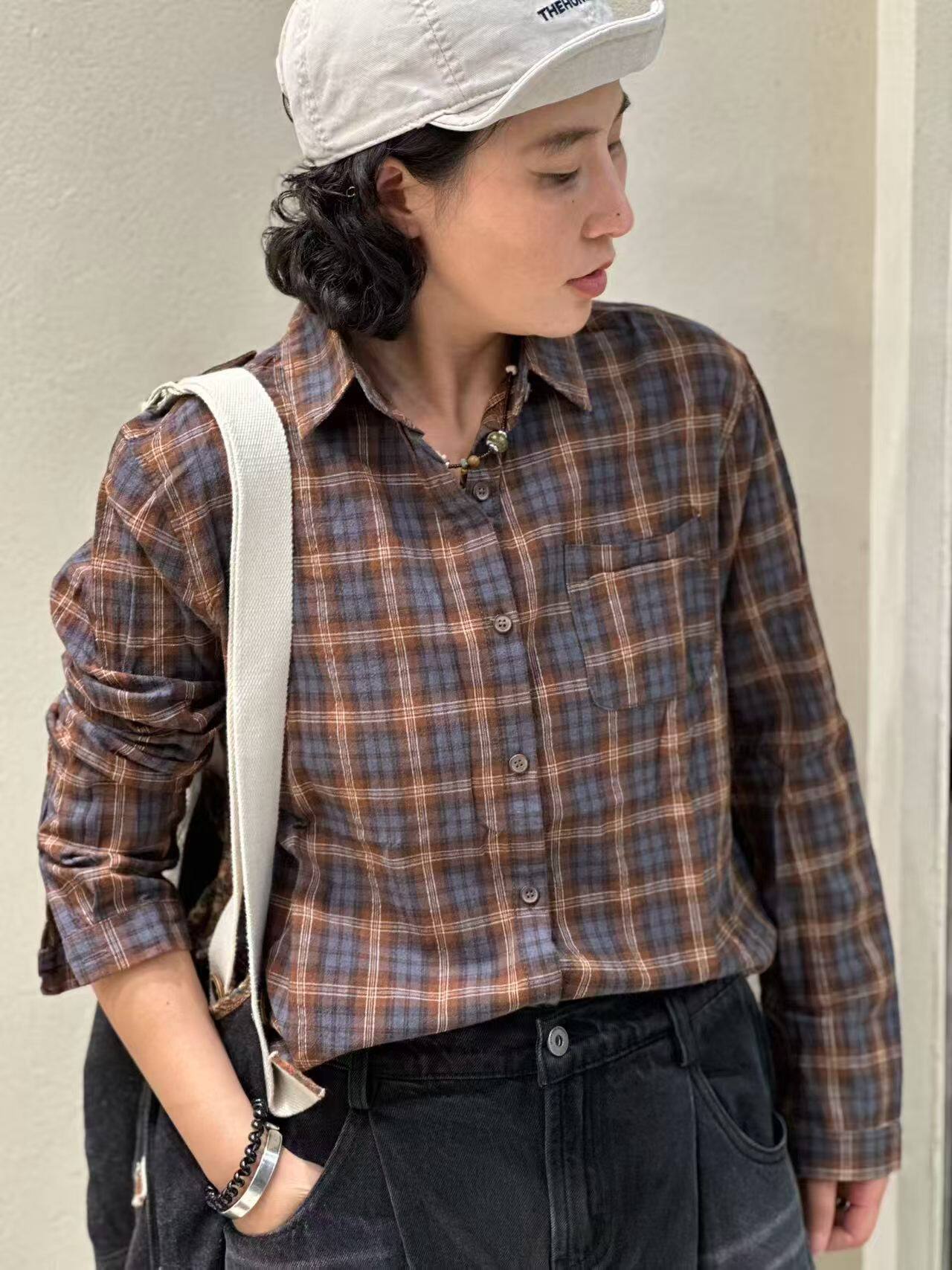 纯棉格子长袖衬衫女2026春秋新款休闲复古格子衬衣内搭外穿全棉