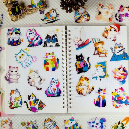 跨境sticker彩色猫咪透明pet贴纸搞怪有趣水杯吉他个性装饰贴画