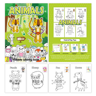 跨境英文coloring折叠画涂色本动物美食汽车水果手工折纸DIY卡通