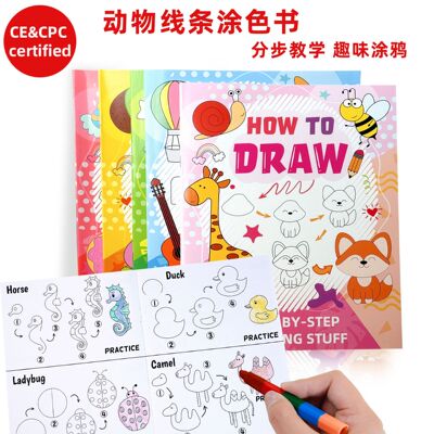 跨境英文draw简笔步骤绘画本儿童趣味涂鸦涂色本动物绘画填色书