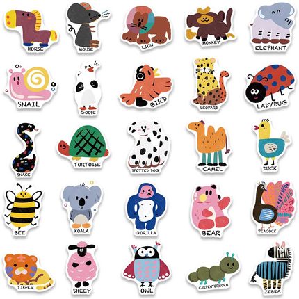 跨境英文贴纸50张卡通可爱涂鸦动物贴纸行李箱手机水杯贴画装饰