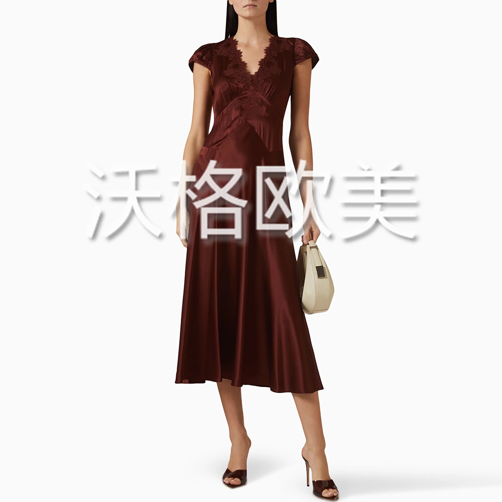 沃格DN春夏新款性感蕾丝拼接V领系带A字中长20姆米缎面真丝连衣裙
