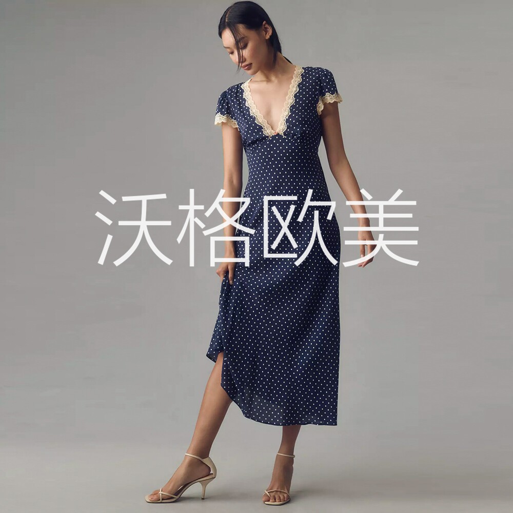 沃格RX春夏新款深蓝白波点印花法式蕾丝拼接V领A字长款真丝连衣裙