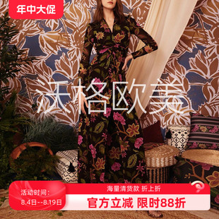 沃格D早秋新款浪漫暗夜花园印花V领开叉长款显瘦弹力网纱连衣裙