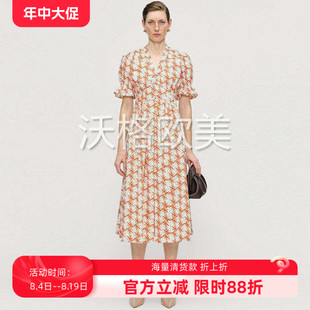 沃格 D春夏新款橙白叶子印花V领弹力高腰A字中长优雅棉茶歇连衣裙