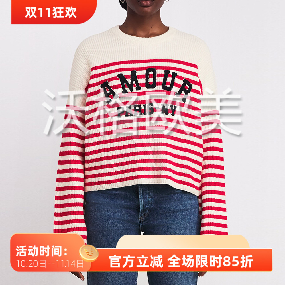 沃格 M秋冬新款活力减龄红白横条纹字母贴花女宽松廓形套头针织衫