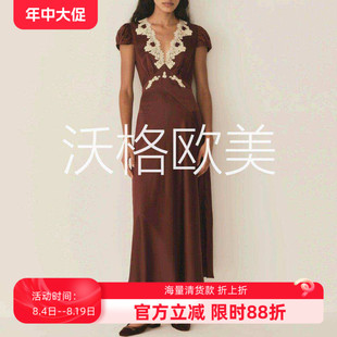 沃格DN早秋新款浪漫棕白蕾丝V领系带A字中长20姆米缎面真丝连衣裙
