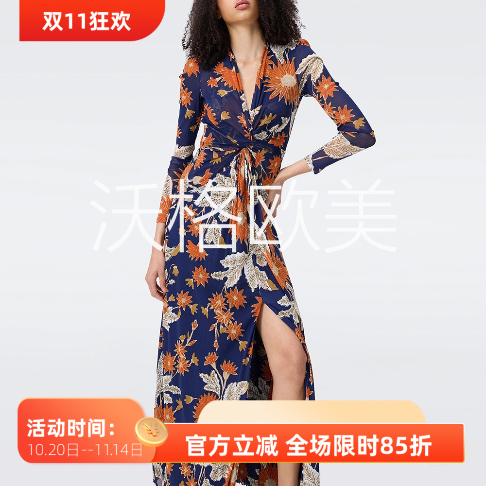 沃格 D早秋新款浪漫橘蓝花朵印花扭结V领开叉A字三层网纱长连衣裙