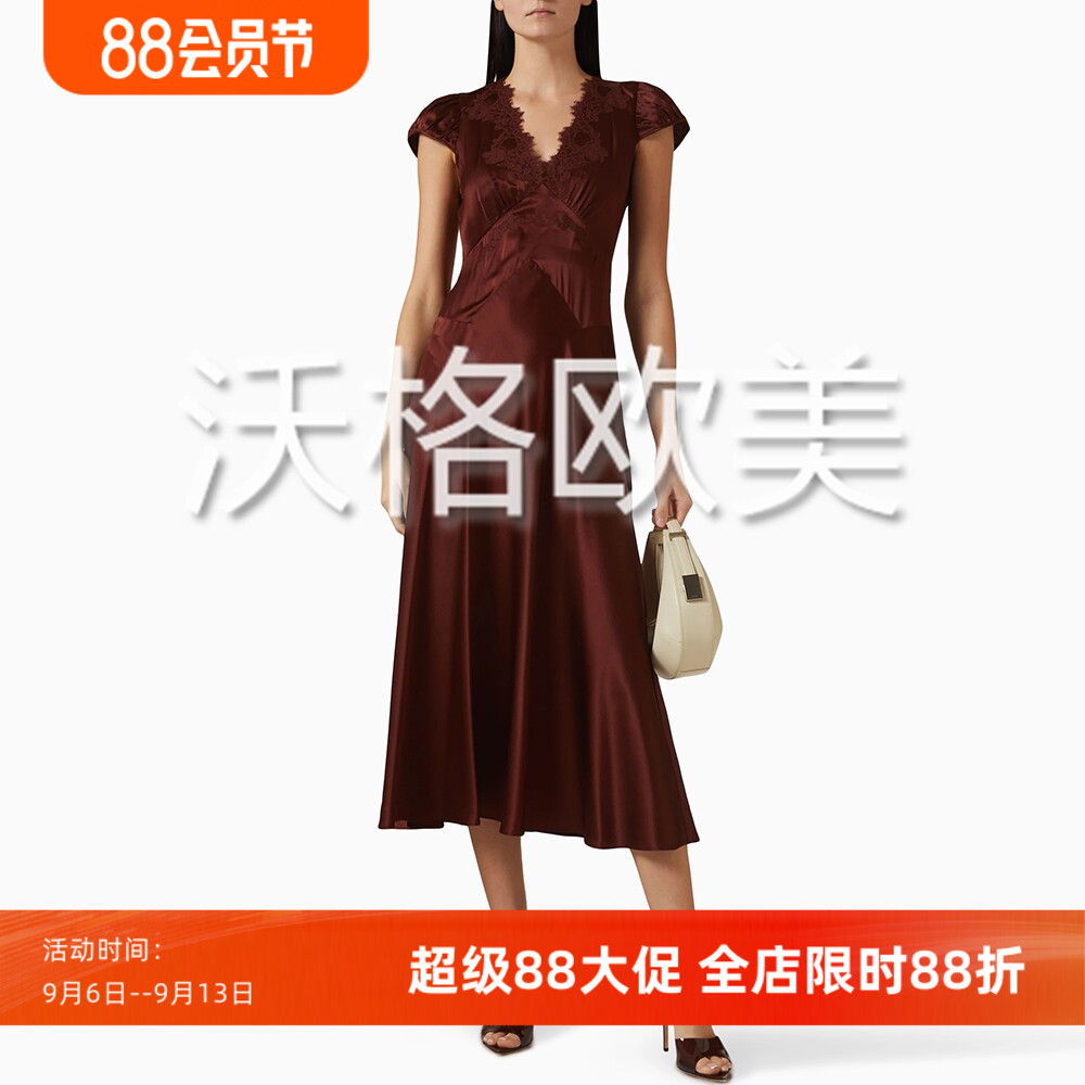 沃格DN春夏新款性感蕾丝拼接V领系带A字中长20姆米缎面真丝连衣裙