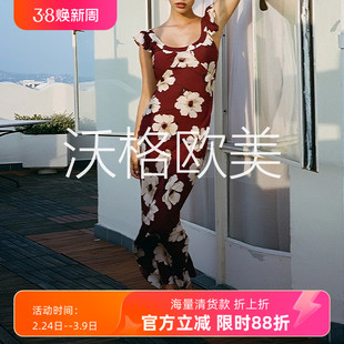 沃格 RP春夏新款浪漫深红花朵印花U领系带长款包臀斜裁真丝连衣裙