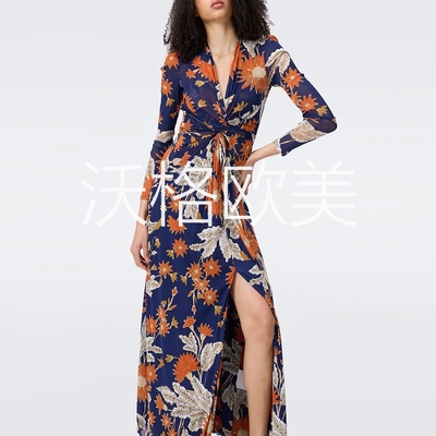沃格 D早秋新款浪漫橘蓝花朵印花扭结V领开叉A字三层网纱长连衣裙