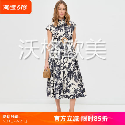 沃格 CA春夏新款深蓝白枝叶印花翻领系腰带A字中长纯棉短袖连衣裙