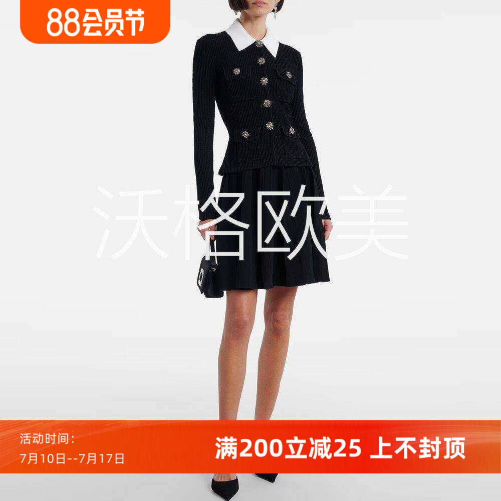 沃格SP早春新款黑白拼色翻领华丽钻扣多口袋修身假两件针织连衣裙