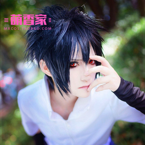 萌香家火影忍者 宇智波佐助死亡笔记L 扎克斯黑色反翘cosplay假发图片