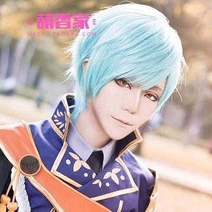 萌香家刀剑乱舞假发一期一振假毛水蓝色cosplay假发高温丝短发