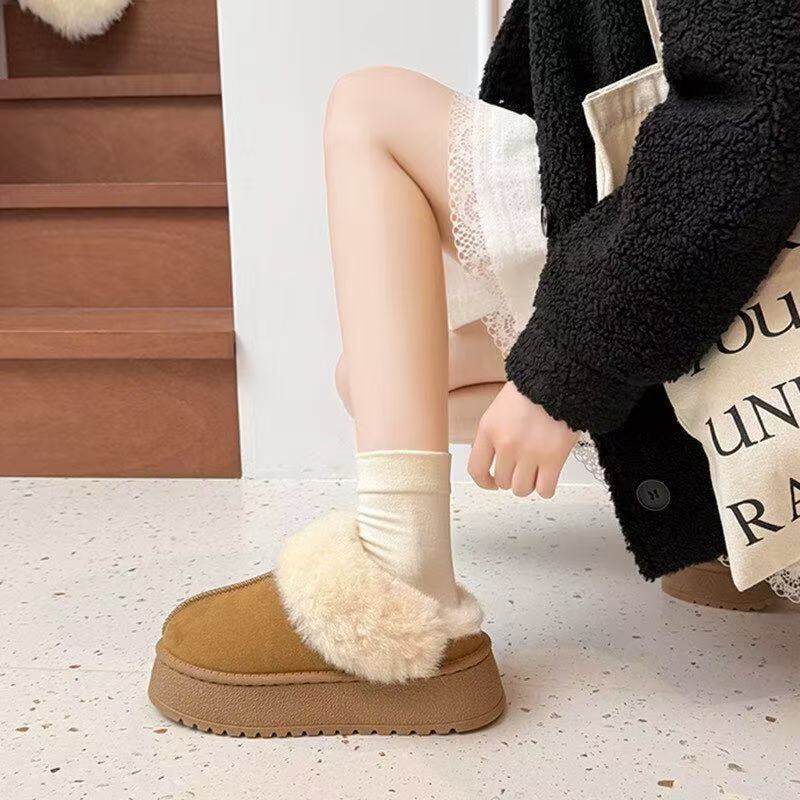 2025冬新款厚底勃肯鞋加绒保暖复古外穿百搭增高棉鞋女毛毛鞋半拖