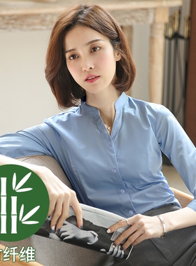 竹纤维职业白色衬衫女长袖v领中袖衬衣无立领七分袖工作服上衣春