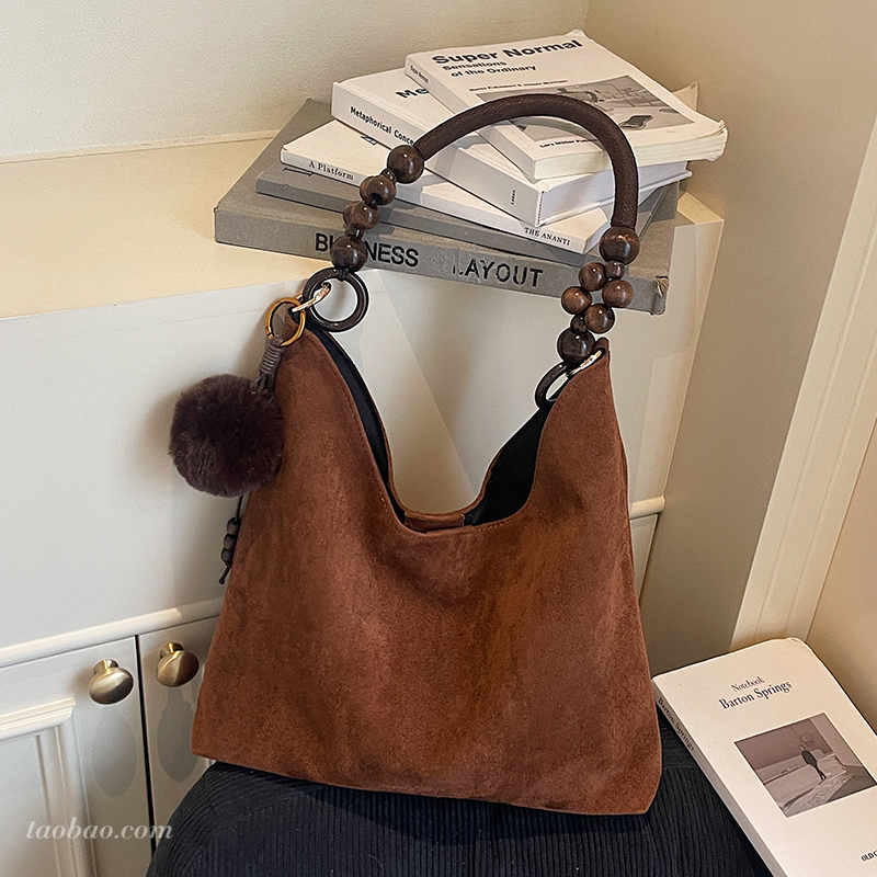 复古磨砂麂皮绒托特包