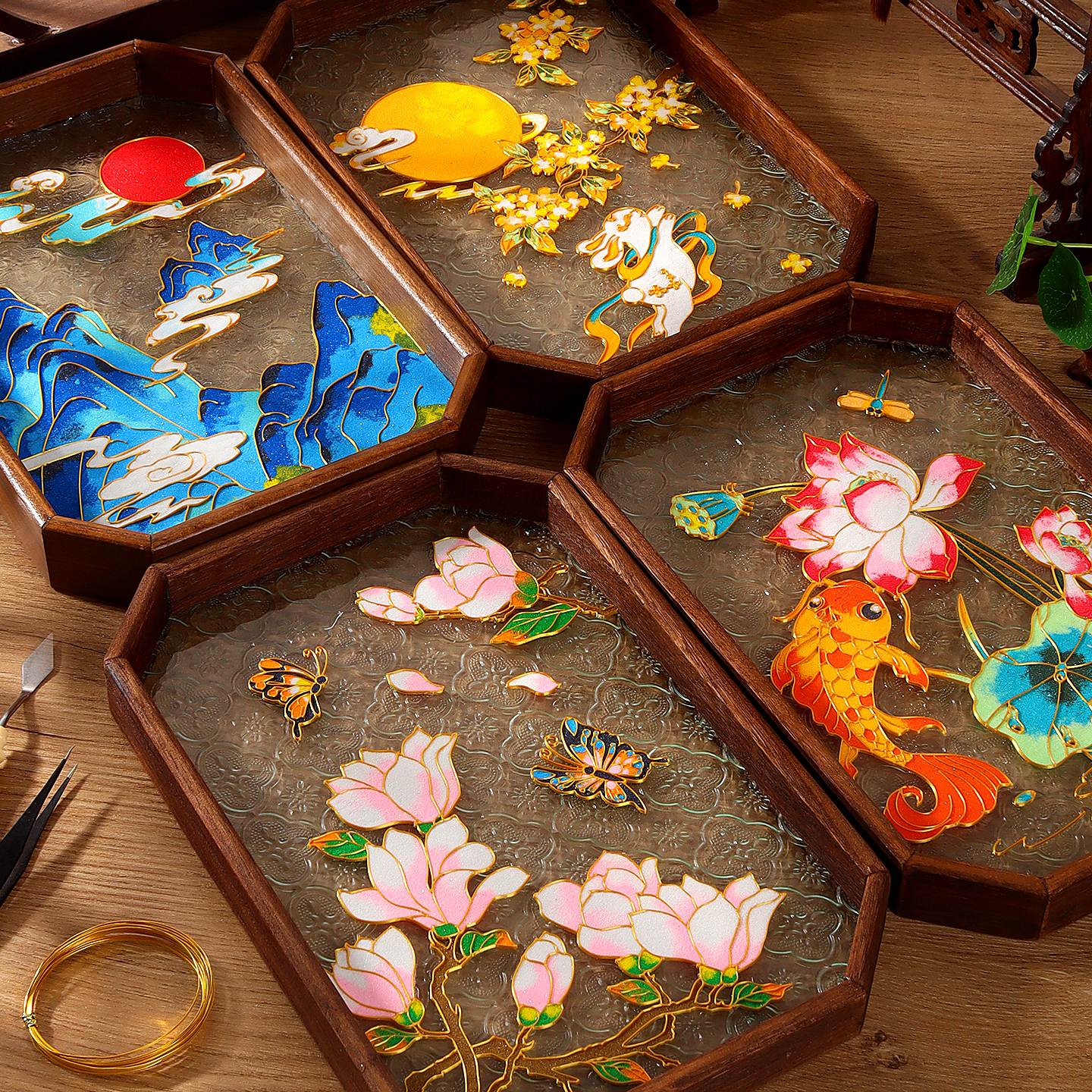 免掐丝珐琅材料非遗diy手工茶盘景泰蓝工艺品装饰礼物胡桃木托盘