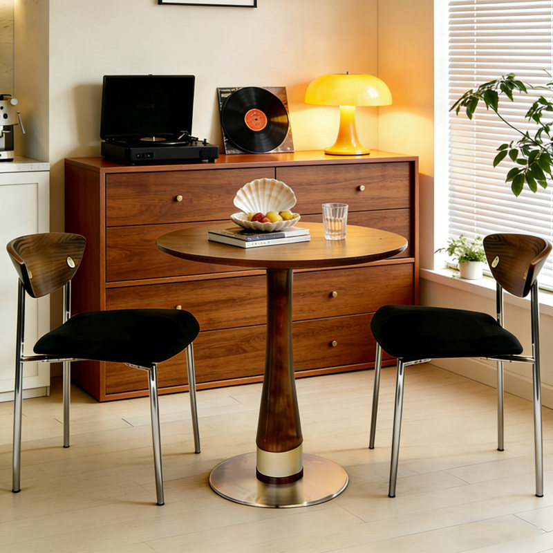 实木圆餐桌中古风洽谈桌椅组合咖啡桌商务会客接待小圆桌阳台茶桌