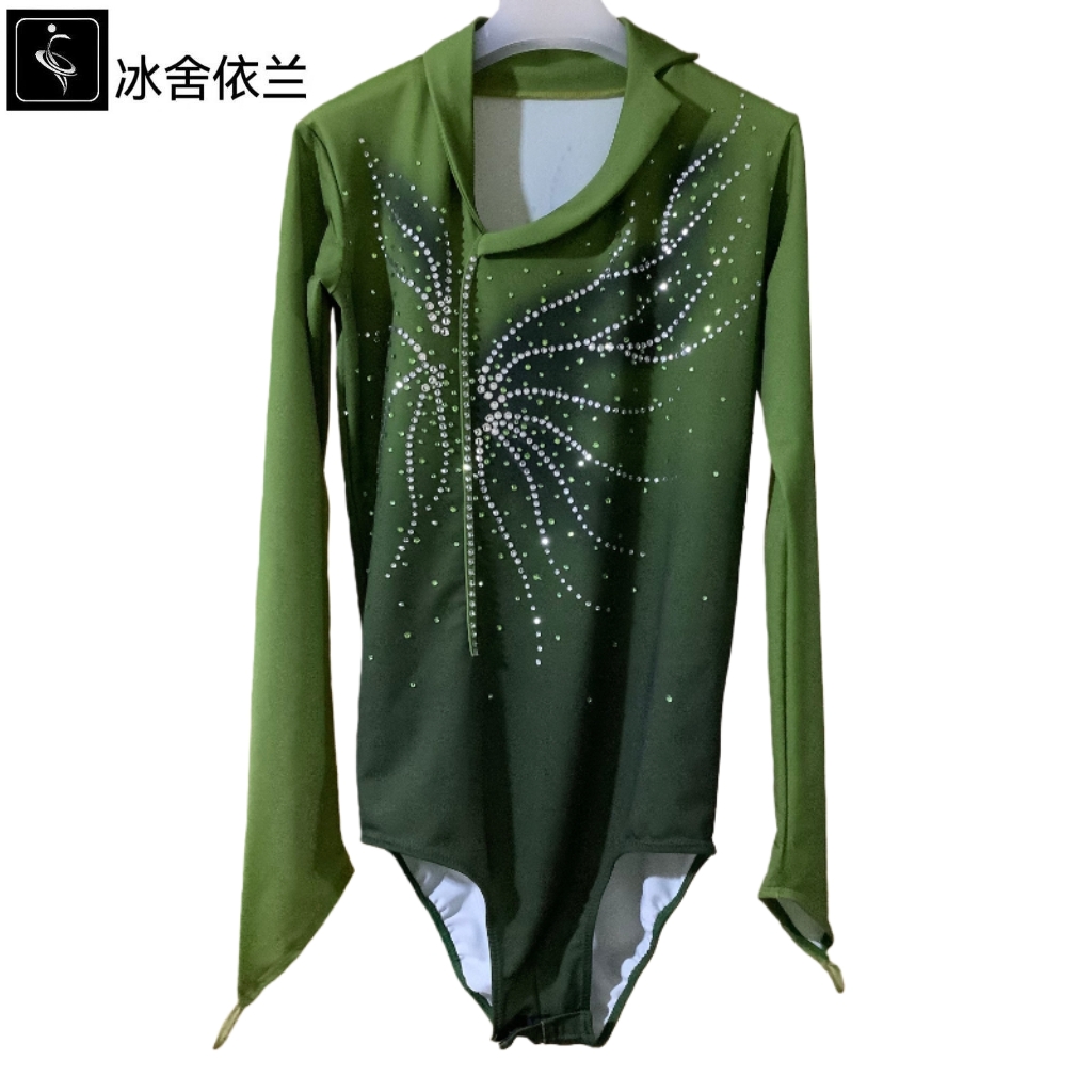 花样滑冰艺术服装男童表演比赛考级考斯滕绿色渐变镶钻专业定制