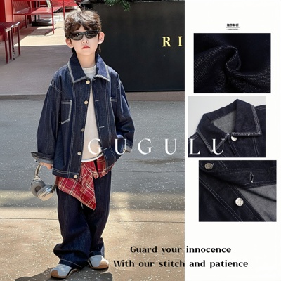 咕咕鹿·男童春秋新款韩版全棉牛仔套装男女宝帅气翻领夹克上衣潮