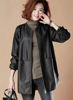 皮衣外套女春秋新款宽松大码洋气秋装时尚皮衣女中长款皮夹克