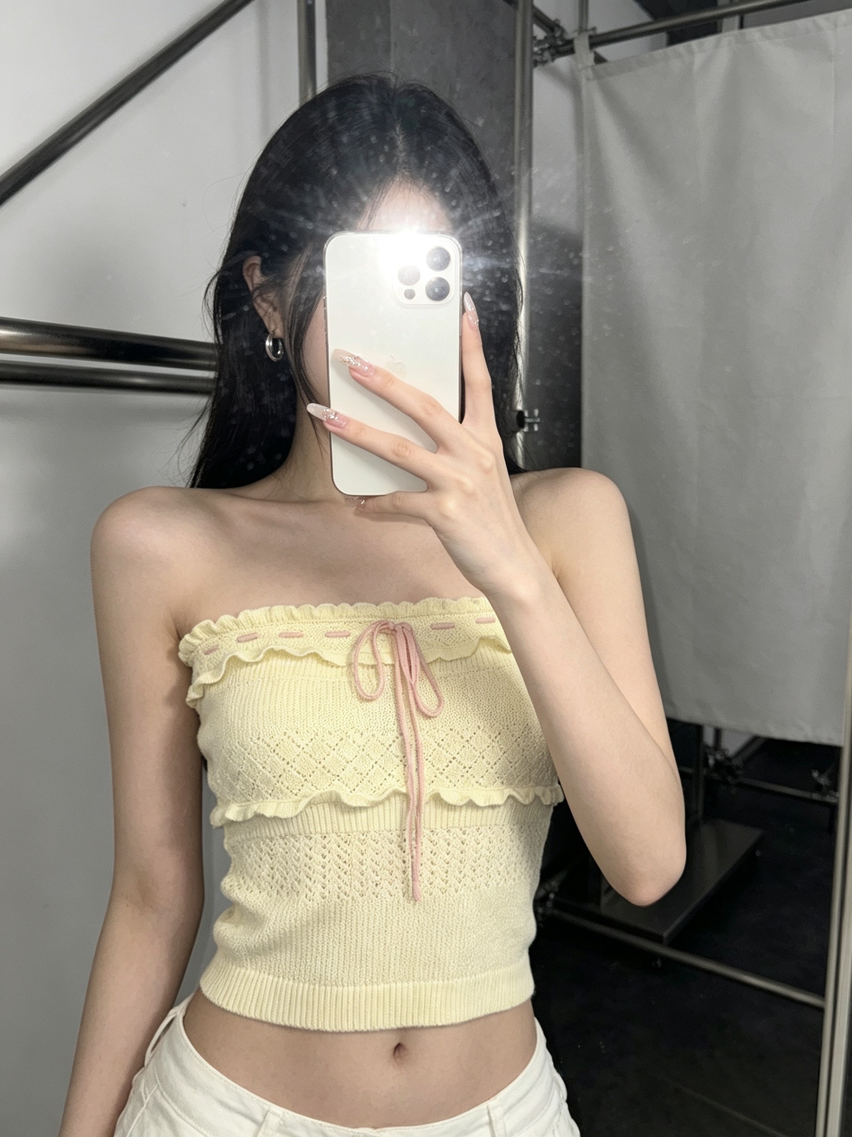 甜美气质荷叶边拼接系带弹力修身显瘦针织无袖上衣女夏季抹胸外穿