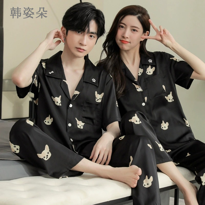 周深白鹿同款睡衣男女夏季冰丝短袖春秋情侣仿真丝小狗明星家居服