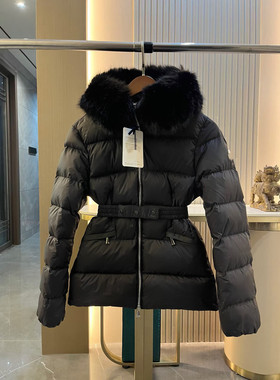 M家羽绒服女90白鹅绒小蛮腰大毛领修身短款连帽收腰带2026新款冬