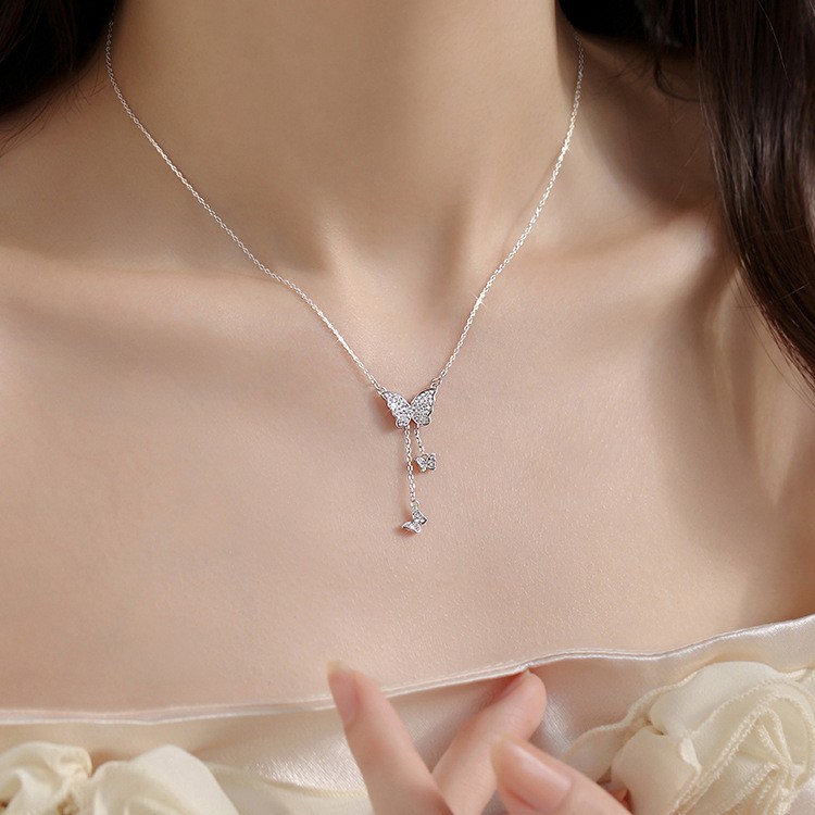 S925银蝴蝶项链轻奢小众流苏吊坠甜美温柔风锁骨链情人节送女友