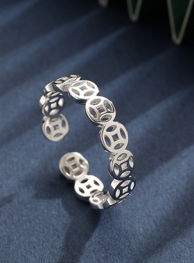 999纯银钱币戒指女小众轻奢设计感高级素圈食指环开口可调节礼物s